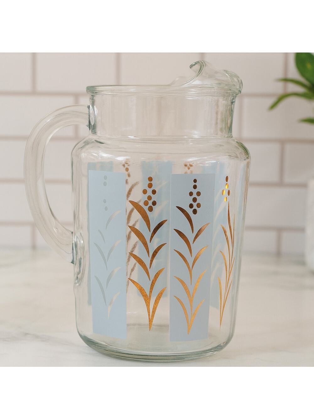 Vintage 7" MCM Frosted Glass Ice-Lip Pitcher Retro Glass Pitcher Blue Gold